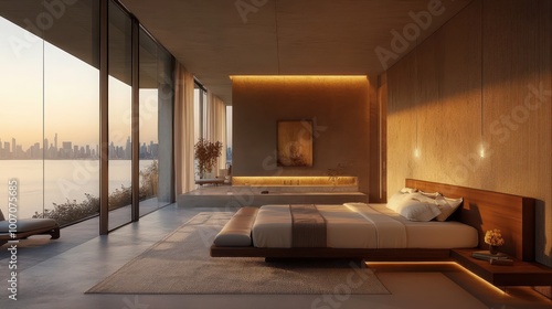 Modern luxury bedroom with sleek furniture  large windows  and minimalist decor