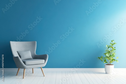 Contemporary Living Room Interior Design with Blue Wall and Gray Armchair