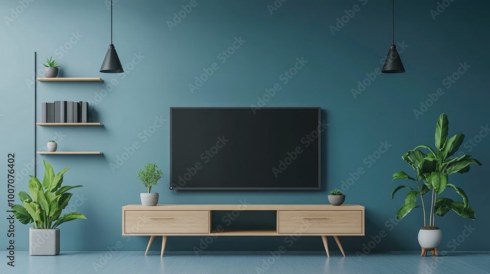 Minimalistic Industrial Living Room Interior with TV and Cabinet on Blue Wall Background Minimalistic Industrial Living Room Interior with TV and Cabinet on Blue Wall Background