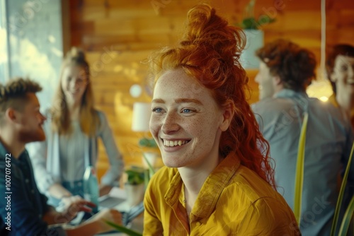 Portrait of a happy woman with bright red hair, smiling directly at the camera