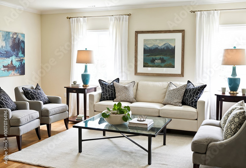 Spacious living room interior design with white sofa gray armchairs glass coffee table teal blue lamps hardwood floors white curtains large abstract painting and landscape artwork above sofa