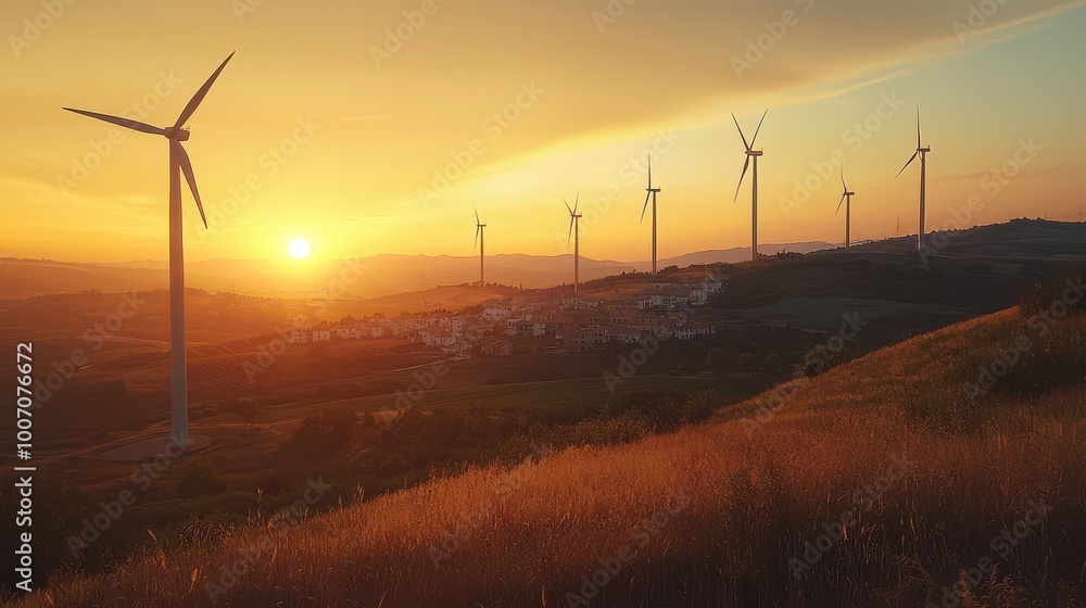 Obraz premium Wind turbines in a rural landscape during sunset near a small village, showcasing renewable energy and sustainable living