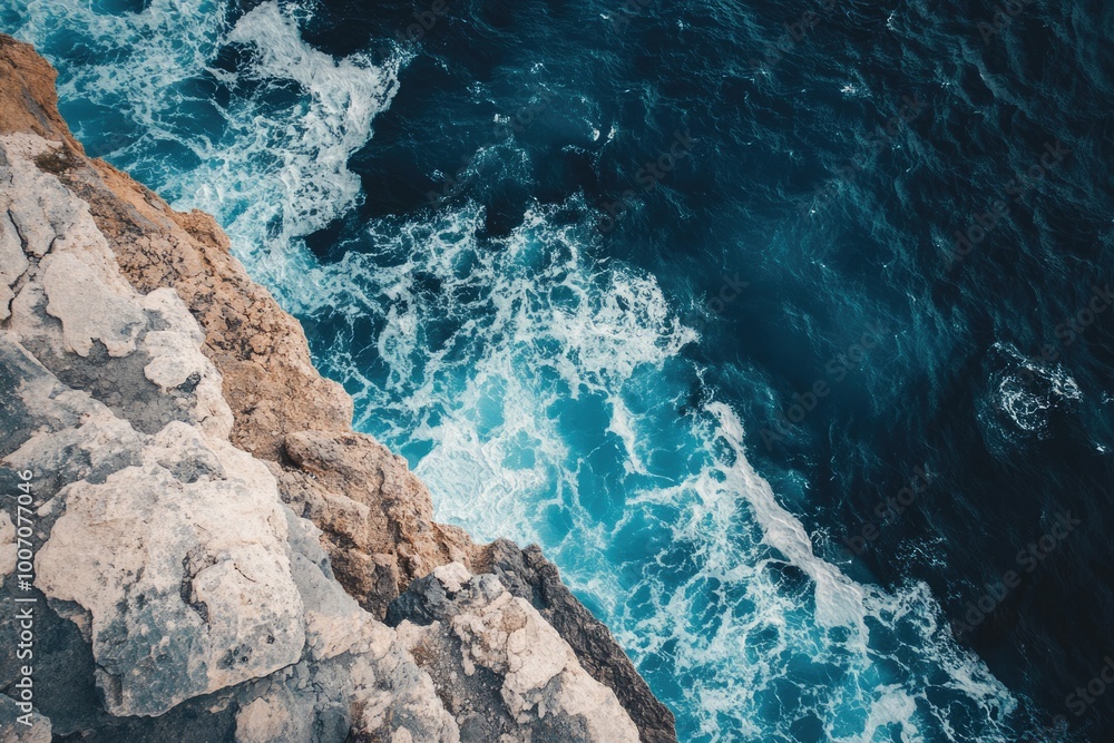 Obraz premium View from Above: Coastal Serenity with Rocky Shoreline and Blue Ocean Waves