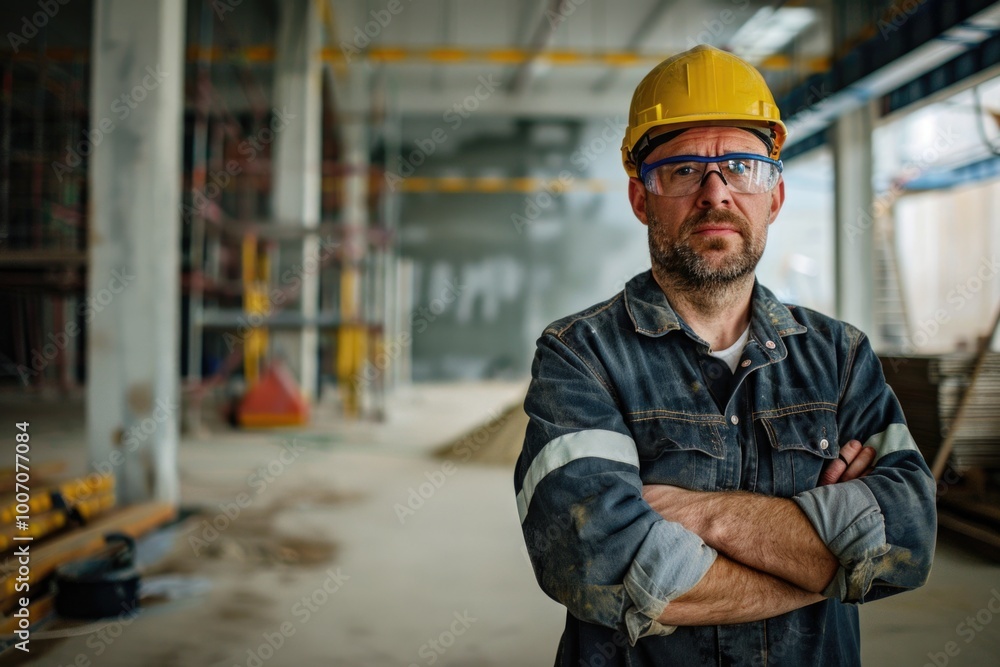 A construction worker wearing a hard hat and safety glasses on a building site A construction worker wearing a hard hat and safety glasses on a building site