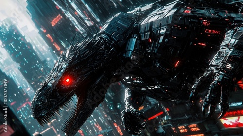 A futuristic robotic dinosaur with metallic armor and glowing eyes, engaged in battle in a high-tech cityscape. This dynamic scene blends prehistoric creatures with sci-fi technology for an action-pac photo