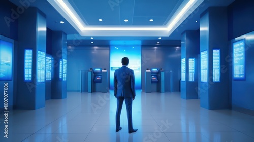 A Businessman Standing in a Modern Office Hallway