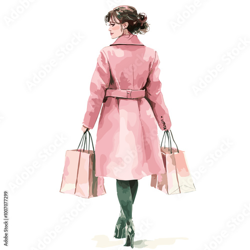 vector drawing watercolor girl in hands packages from the store on a white background .Generative AI