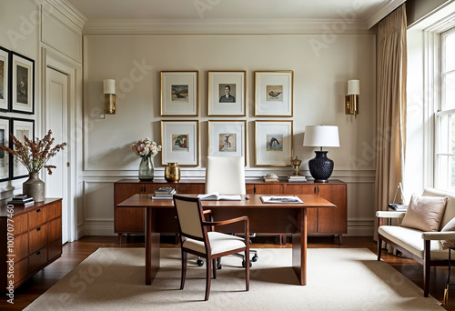 Luxury Home Office Interior Design with Mid Century Modern Furniture Gallery Wall and Neutral Colors