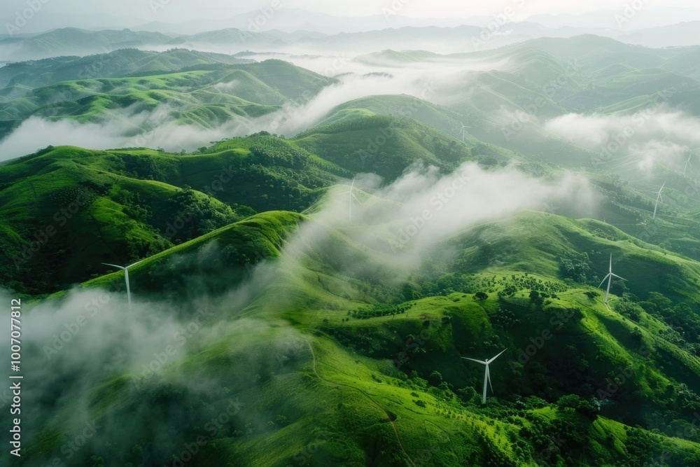 Obraz premium A group of wind turbines sit atop a lush green hillside, generating clean energy