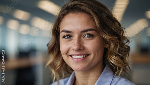 Female Office Worker Smiles Warmly During a Busy Workday in a Modern Office With Computers and Colleagues Present
