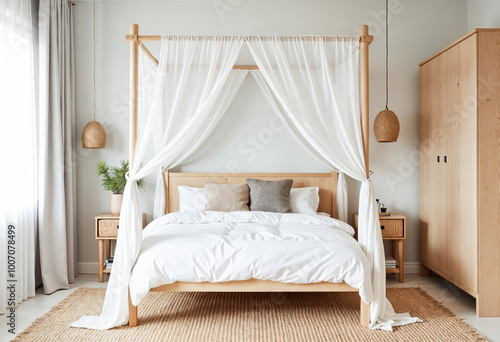 Bright bedroom interior with canopy bed wooden nightstands and wardrobe minimalist scandinavian design of bedroom with big window and white walls neutral colors cozy space interior design inspiration
