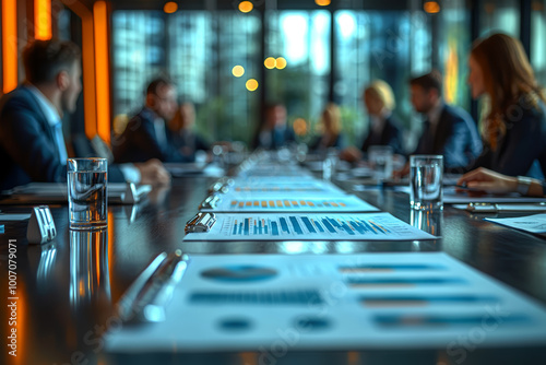 A business meeting with professionals gathered around a table, discussing charts and graphs. Concept of business.