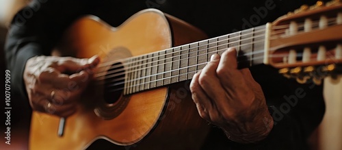 Close-up of a person's hands playing a classical guitar.