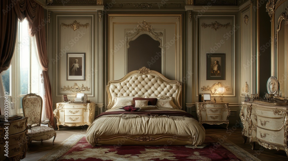 Opulent classic bedroom with a grand bed, detailed moldings, and a tastefully arranged vanity Opulent classic bedroom with a grand bed, detailed moldings, and a tastefully arranged vanity