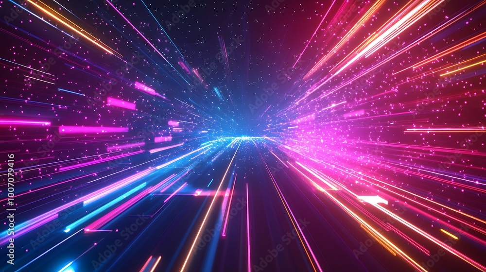 Fototapeta premium Abstract background with glowing lines and light streaks in vibrant pink, blue, and yellow colors.