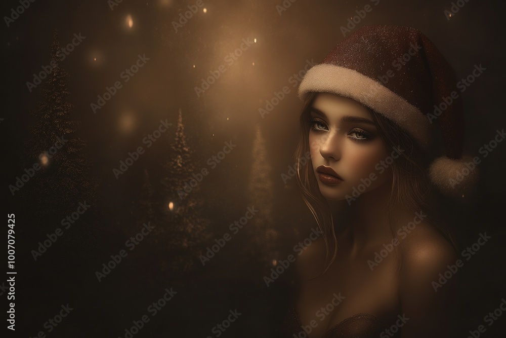 Enchanting holiday spirit: young woman in santa hat amidst glowing winter forest Enchanting holiday spirit: young woman in santa hat amidst glowing winter forest