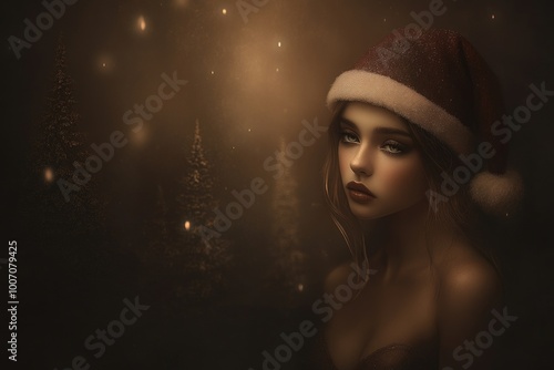 Enchanting holiday spirit: young woman in santa hat amidst glowing winter forest photo