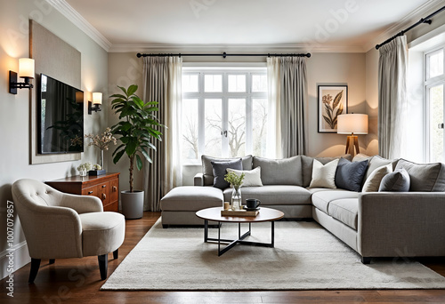 Modern living room interior design with sectional sofa armchair and large windows hardwood floor rug home decor houseplants neutral colors natural light bright airy spacious comfortable cozy inviting