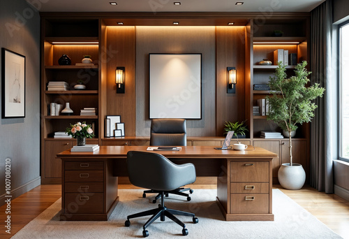 Luxury home office interior with wooden furniture office desk chair bookcase and decor mockup wall 3d rendering