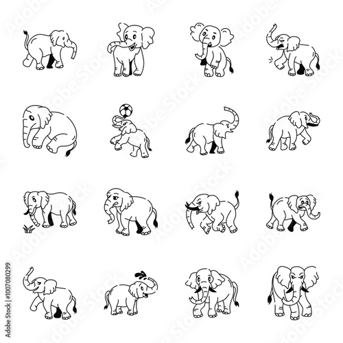 Set of Cute Elephant Drawing Icons 