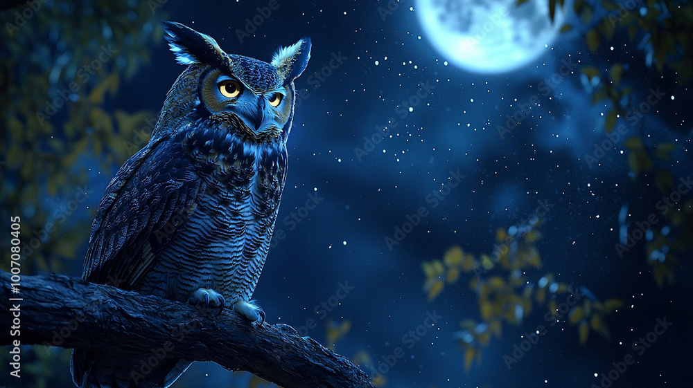 great horned owl perched silently on branch under glowing moon, surrounded by serene night sky filled with stars. scene evokes sense of calm and mystery great horned owl perched silently on branch under glowing moon, surrounded by serene night sky filled with stars. scene evokes sense of calm and mystery