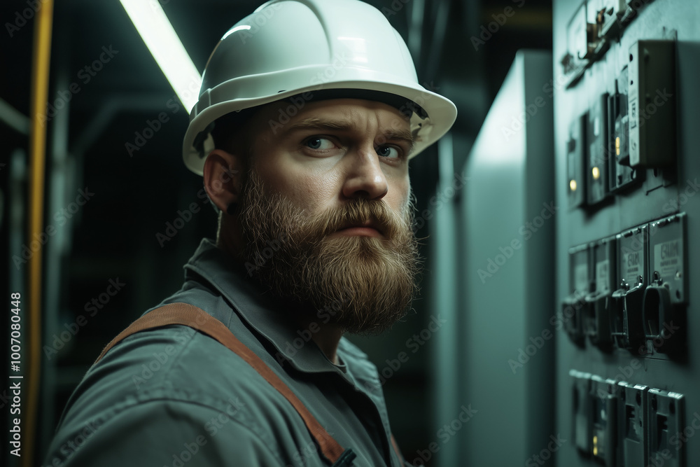 Bearded electrician in a white helmet. Bearded electrician in a white helmet.