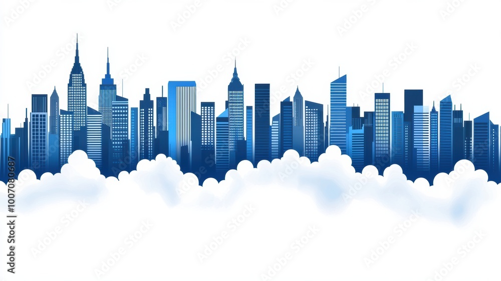 Fototapeta premium Stylized City Skyline with Blue Hues and Clouds