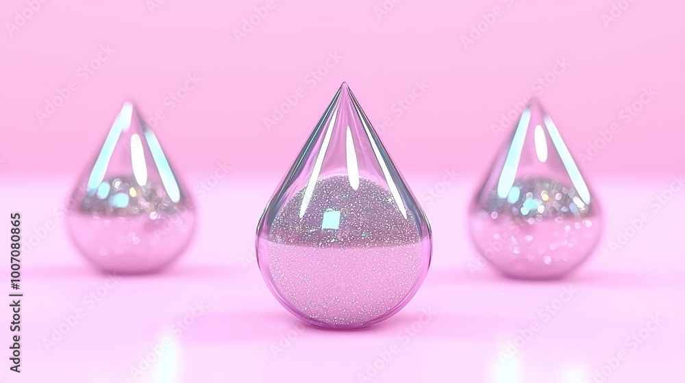 Glossy Droplets on Pink Background with Shimmering Effect Glossy Droplets on Pink Background with Shimmering Effect