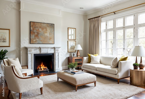 Elegant living room interior with fireplace sofa and armchairs