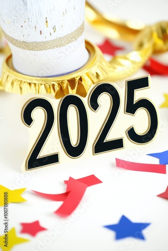 Festive 2025 celebration with colorful confetti and decorative elements photo