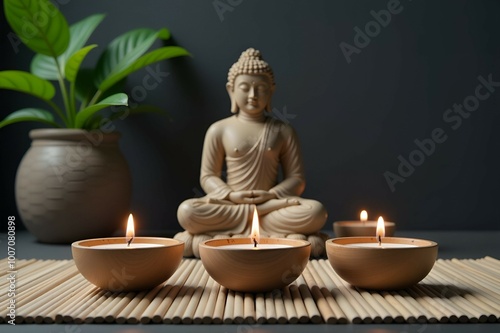 A Serene and Tranquil Buddha Surrounded by Candles and Greenery for a Relaxing Ambiance