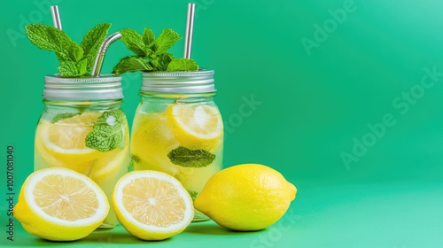 Refreshing lemonade in mason jars with mint and lemons on vibrant green background photo