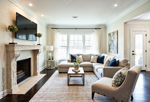 Wallpaper Mural Bright living room interior design with sectional sofa fireplace and large windows Torontodigital.ca