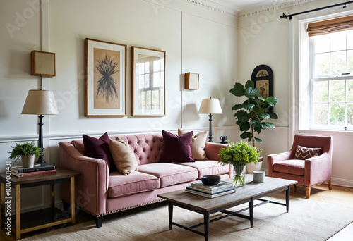 Elegant pink living room interior with velvet sofa and armchair