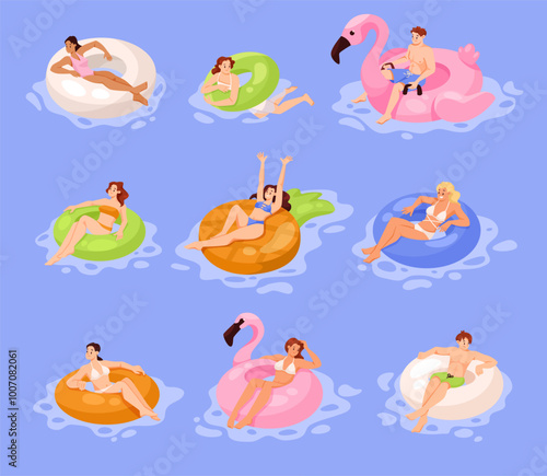 People Character on Inflatable Circle and Rubber Ring Float in Water Vector Set