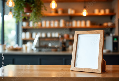 Wallpaper Mural Blank Photo Frame Mockup on Wooden Table in Coffee Shop Cafe Restaurant Interior Background Blurred Counter Bar Tabletop with Picture Frame Template Display Your Design for Advertisement Torontodigital.ca