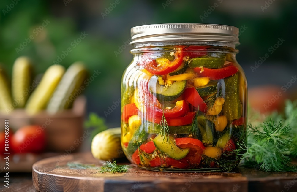 A jar filled with pickled peppers and assorted vegetables, featuring dill pickle spears behind it A jar filled with pickled peppers and assorted vegetables, featuring dill pickle spears behind it