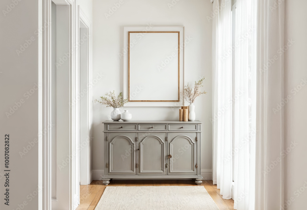 Modern interior mockup with blank picture frame above grey sideboard cabinet white vases home decor elements bright room contemporary minimalist design white walls wooden floor daylight home interior Modern interior mockup with blank picture frame above grey sideboard cabinet white vases home decor elements bright room contemporary minimalist design white walls wooden floor daylight home interior