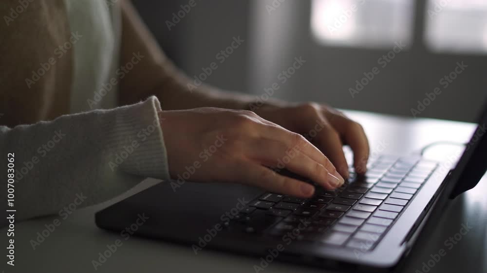 Close-up of an unrecognizable person typing on a laptop in a dimly lit workspace, focusing on their hands as they engage in work or online tasks. Close-up of an unrecognizable person typing on a laptop in a dimly lit workspace, focusing on their hands as they engage in work or online tasks.