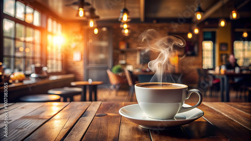 Cozy cafe setting with warm lighting and wooden furniture.