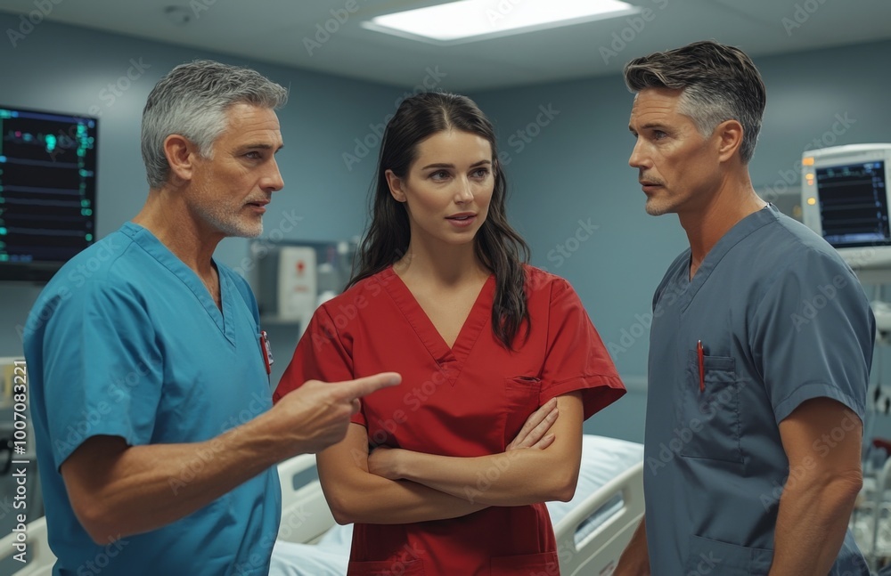 Obraz premium A nurse in blue scrubs interacts with two men by a hospital bed