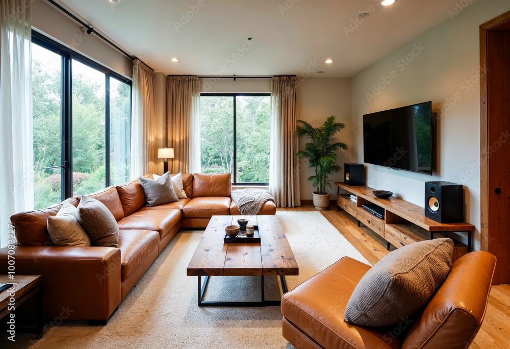 Fototapeta premium Modern living room interior design with leather furniture and large windows showcasing a bright and airy ambiance ideal for relaxation and entertainment