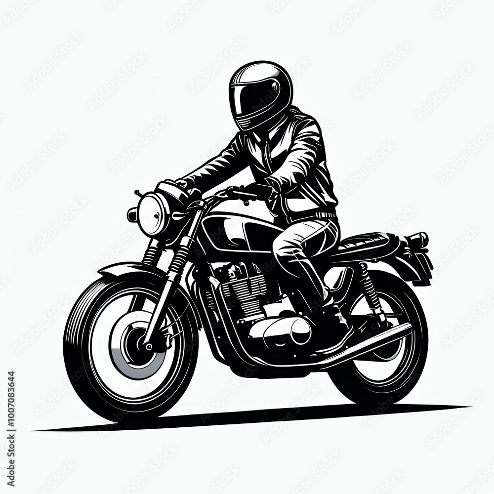A motorcyclist in a leather jacket rides a classic motorcycle, showcasing a sense of freedom. A motorcyclist in a leather jacket rides a classic motorcycle, showcasing a sense of freedom.