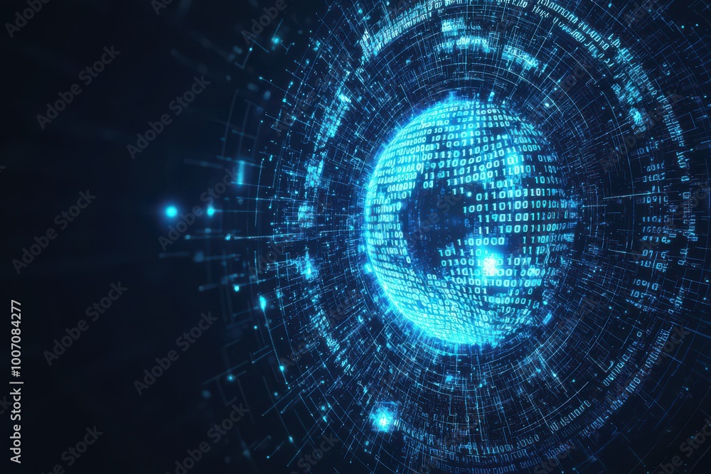 Digital eye with binary code in the center, representing technology, data security, and artificial intelligence in a futuristic digital world Digital eye with binary code in the center, representing technology, data security, and artificial intelligence in a futuristic digital world