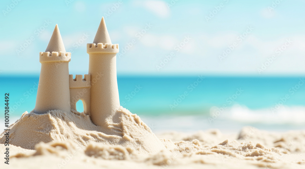Sand castle on ocean beach, closeup with space for text. Light back Sand castle on ocean beach, closeup with space for text. Light back