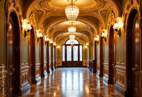 Luxury Interior Palace Corridor Ornate Hallway Golden Details Architecture Rich Design Elegance Chandeliers Doors Shiny Floor Classic European Style Empty Room Spacious Indoors Perspective View