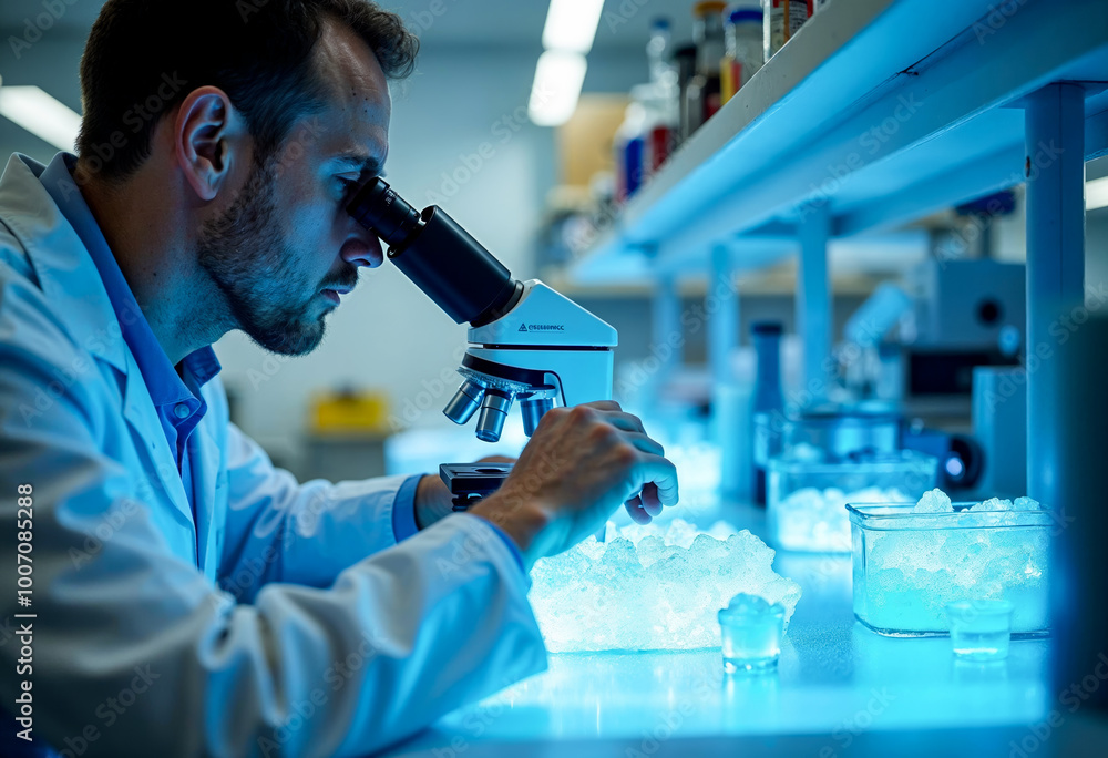 Scientist analyzing frozen samples in laboratory research microscope healthcare biotechnology innovation Scientist analyzing frozen samples in laboratory research microscope healthcare biotechnology innovation