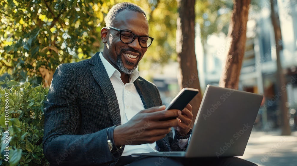 A smiling businessman using a mobile phone and laptop. A smiling businessman using a mobile phone and laptop.