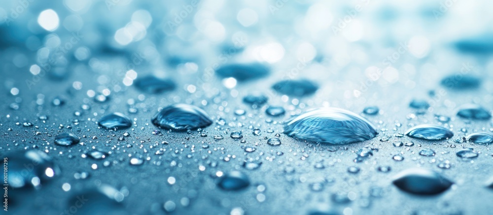 Close-up macro shot of water droplets on a blue surface, with bokeh effects in the background. Close-up macro shot of water droplets on a blue surface, with bokeh effects in the background.