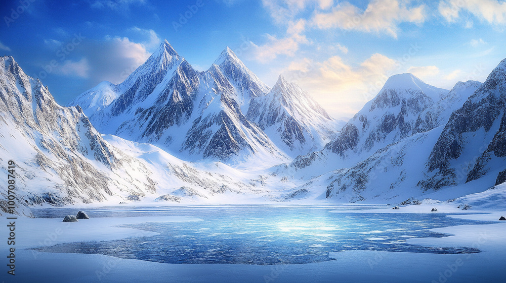 Majestic snowy mountain landscape with tall peaks and serene frozen lake reflecting sky. scene evokes sense of tranquility and awe in natures beauty Majestic snowy mountain landscape with tall peaks and serene frozen lake reflecting sky. scene evokes sense of tranquility and awe in natures beauty